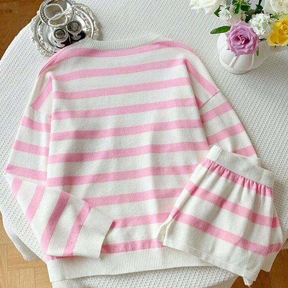 Pink & white Casual Women's Striped  knit Sweater and Shorts Set - Picture 2 of 8